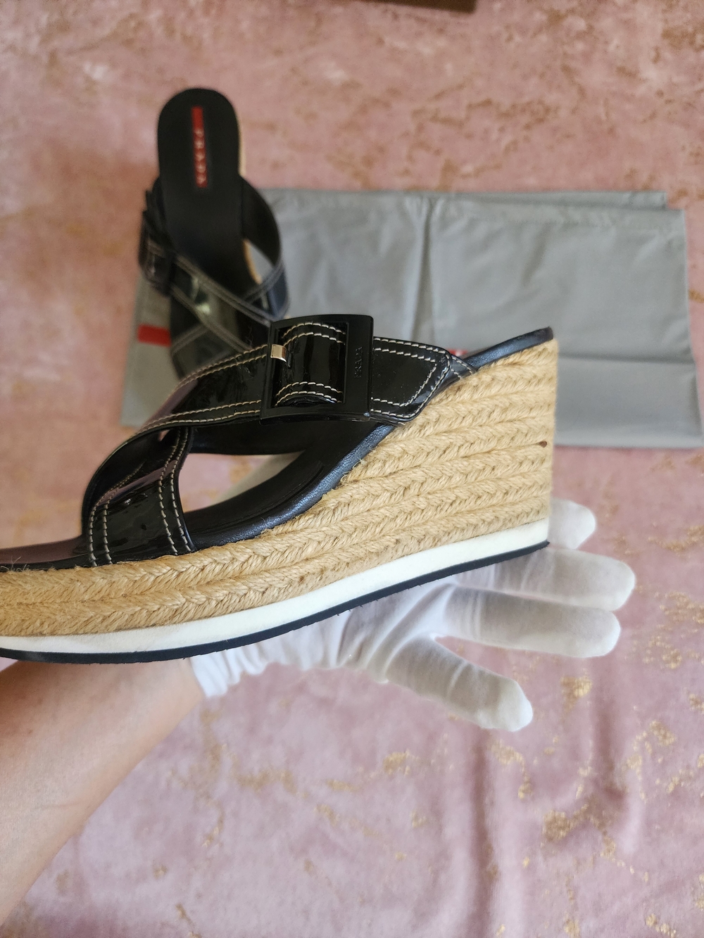 PRADA | Black Patent Leather Espadrille Wedge Sandals with Jute Platform - Picture 8 of 16